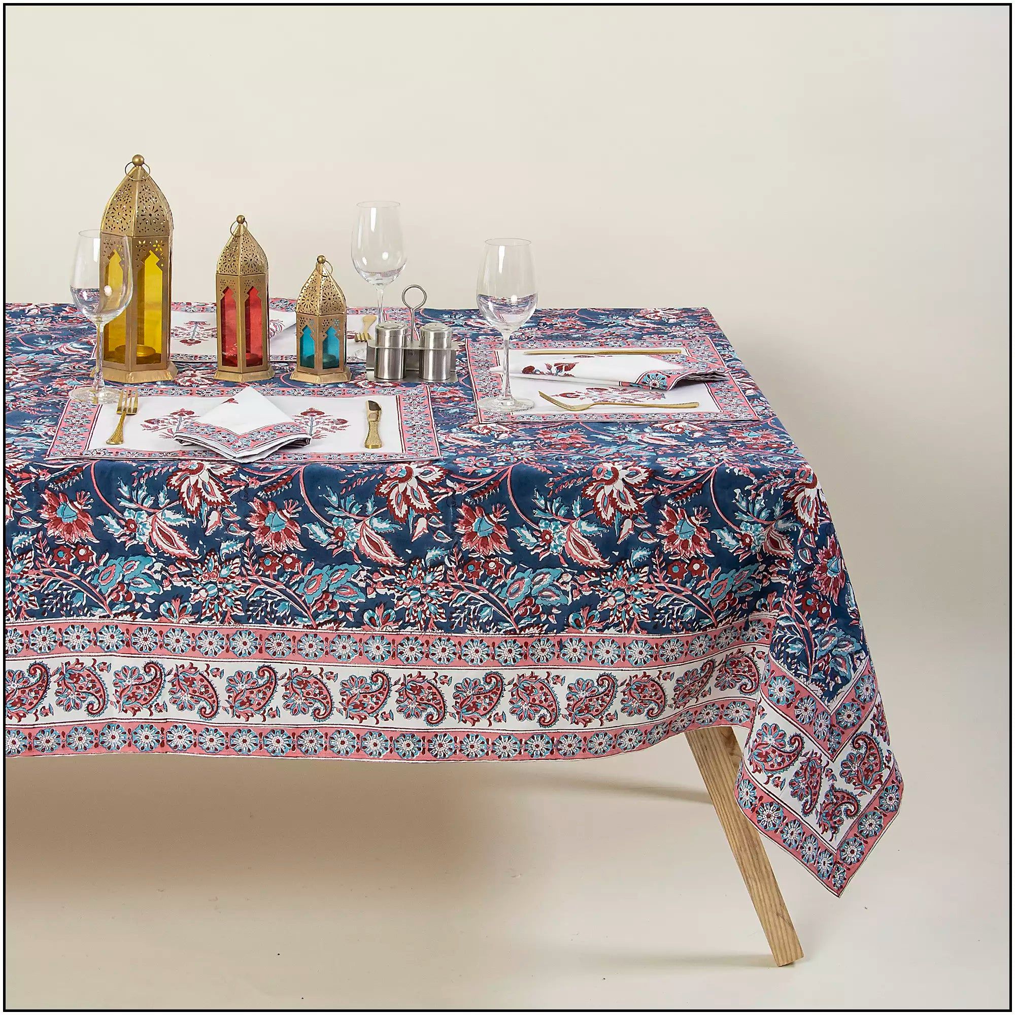 Blue Hand Block Floral Print Pure Cotton Dining Table Cover